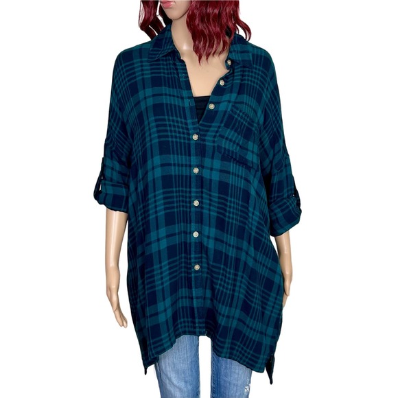entro Tops - Entro Plaid Flannel Long Button Down Top Womens Small Green Black Pockets Tunic
